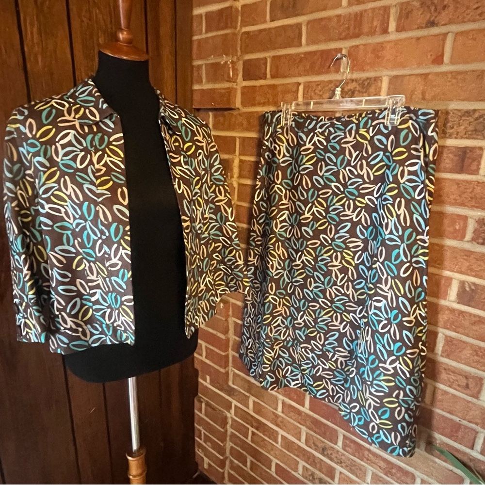 2 Piece Kim Rogers Women Petite M 100% Linen Jacket Skirt Suit Set Brown Blue